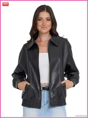 Faux Leather Bomber Motorcycle Jacket Womens Zip Up Moto